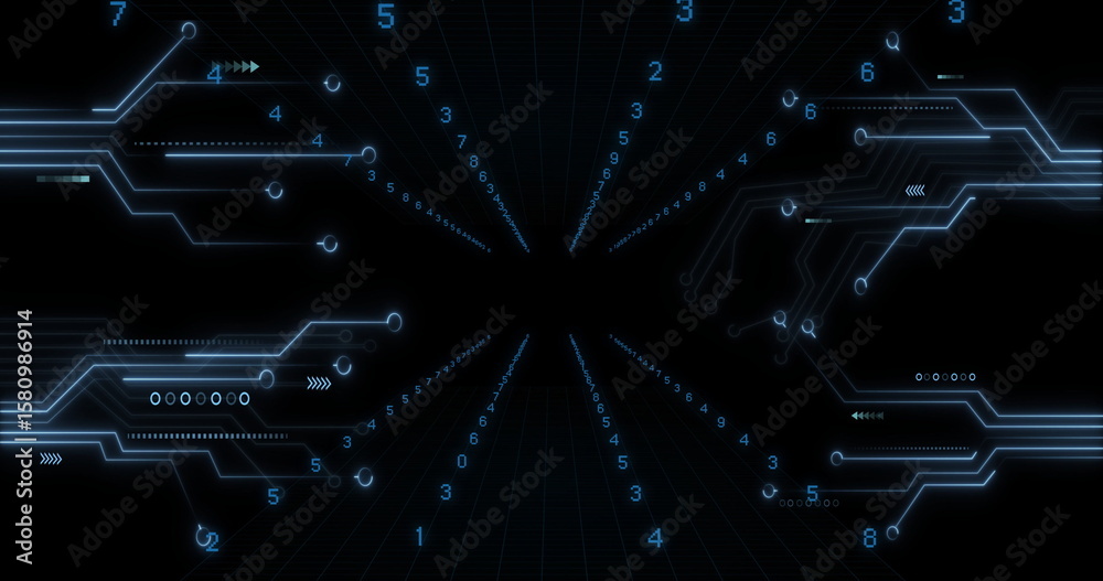 Poster displaying abstract data tunnel converging in digital grid, with glowing circuits, digits and nodes