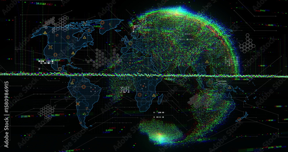 Poster displaying wireframe globe glowing on dark data dashboard, with map outline and hexagon clusters