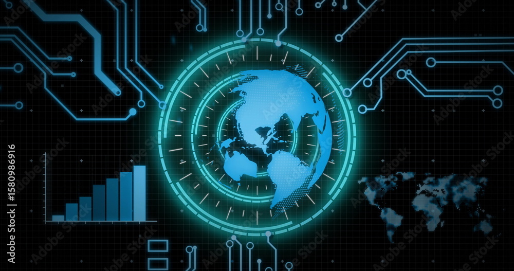 Poster displaying digital globe scanning in grid interface with bar chart, world map, blue circuit traces