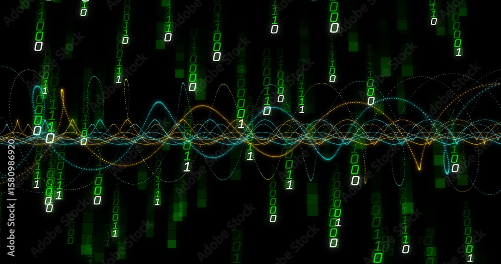 Poster weaving multicolored waveform lines across dark digital field, with glowing binary digits