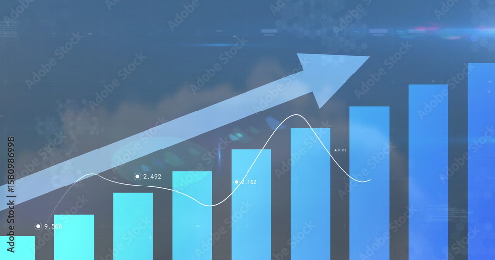 Poster displaying composite data graphic on dashboard with line graph markers, bars and upward arrow