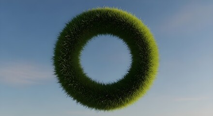 A unique, floating green grass ring set against a clear, expansive blue sky. This innovative natural form offers a fresh and organic visual element for creative design project