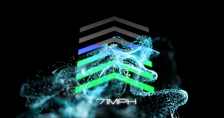 Glowing particle hand shape hovering in dark space, with chevron arrows and 71MPH speed indicator