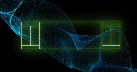 Flowing blue digital mesh wave weaving through neon green wireframe court in virtual cyberspace