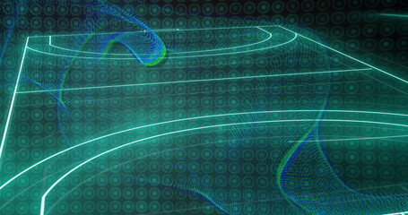 Displaying soccer pitch glowing in virtual grid with neon green markings, mesh wave and overlay