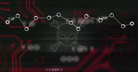 Obraz premium Displaying skull and crossbones indicating malware threat on PC screen, with red circuit traces