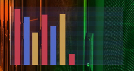 Seven colored bars illustrating trends in data chart panel on dashboard, copy space