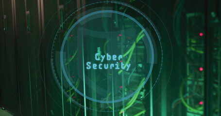 HUD overlay featuring Cyber Security hovering in server room aisle with network cables and LEDs