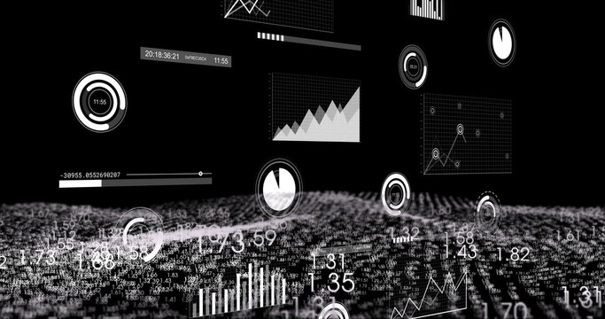 Displaying interface above grid surface in virtual field, with line graphs and bar charts