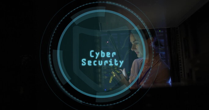Network engineer connecting cables in data center, with cybersecurity overlay, copy space - Powered by Adobe