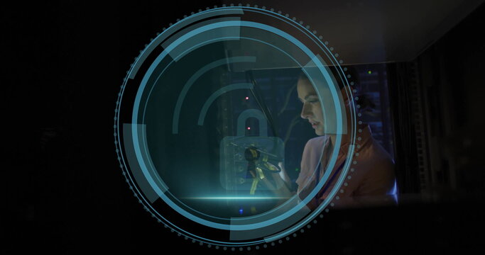 Holding keys, IT tech unlocking server racks at data center, with holographic interface and LEDs