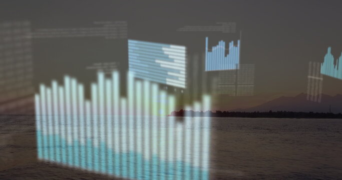 Displaying translucent bar chart overlay hovering above lake at dusk, with data panels, grid lines - Powered by Adobe
