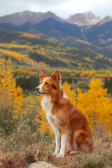 Beautiful border collie dog sitting on a hill, overlooking golden autumn foliage and majestic mountains. Nature landscape.