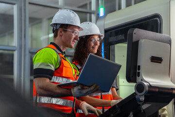 Two people wearing safety gear and holding a laptop. Team of engineers programming and operating a CNC machine in a smart factory.