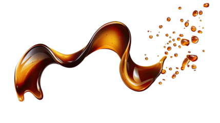 Ribbon like shape of spilled dark fish sauce with glossy texture and organic curve resembling liquid splash isolated on white background
