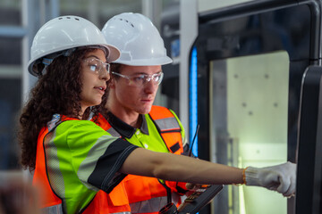Two people wearing safety gear and orange vests. Team of engineers programming and operating a CNC...