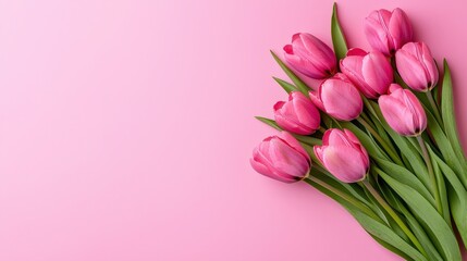 Obraz premium Beautiful Bunch of Pink Tulips on Soft Pink Background with Green Leaves for Fresh Flower Arrangements and Seasonal Decorations