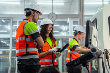 Three people wearing safety gear and orange vests are standing around a computer. Female instructor...