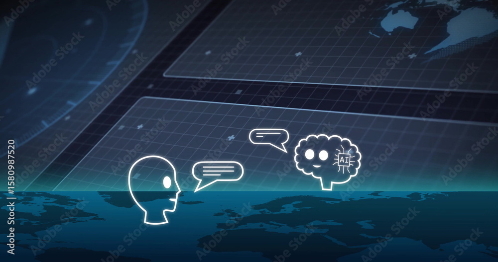 Poster displaying head and ai brain icons exchanging dialogue in virtual map interface, with grid overlay