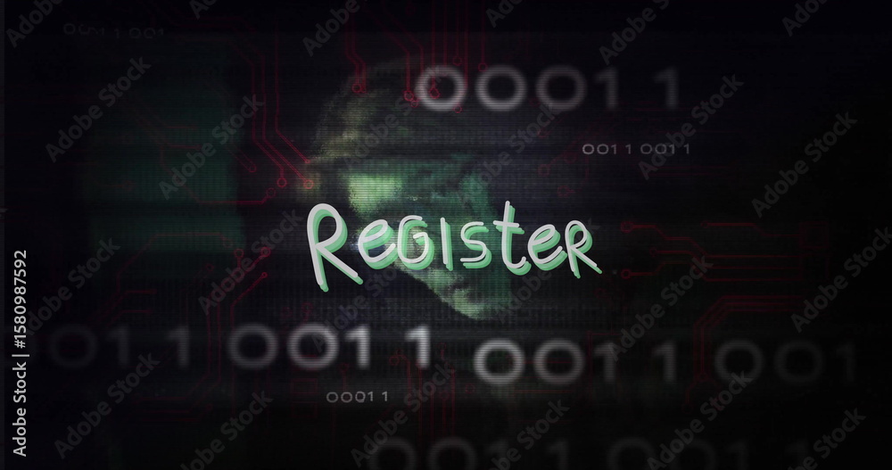 Fototapete displaying register text on screen, showing green fingerprint, binary digits and red traces