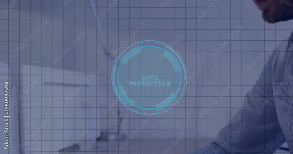 Poster displaying interface labeled data protection hovering over office desk with computer monitor