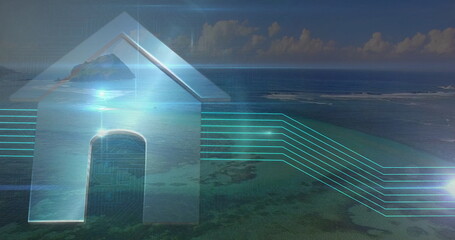 Displaying translucent home icon projecting glowing neon lines over ocean reef, with circuit motif © vectorfusionart