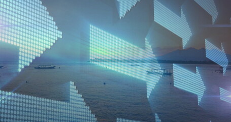 Obraz premium Pointing LED-style arrows floating over sea at dusk, highlighting small boat left and craft right