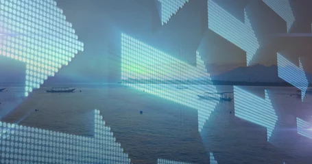 Fotobehang Zee & Oceaan Pointing LED-style arrows floating over sea at dusk, highlighting small boat left and craft right  © vectorfusionart