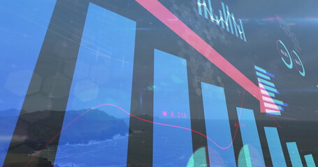 Showing translucent blue bars over coastline with red line, grouped bar and donut charts, hex grid