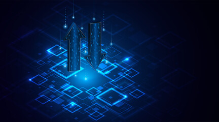 Abstract up and down arrows on dark blue background. The concept of digital traffic or exchange. Business growth or investment ideas. blue arrow technology background	