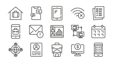 Remote working linear icon set. Work from home, hybrid work, flexible working, meeting, work online, home office,freelance, digital nomad, office, work at home vector icon set. UI thin line icon pack.
