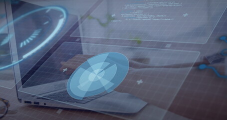 Typing female hands navigating blue holographic interface on silver laptop at home office desk