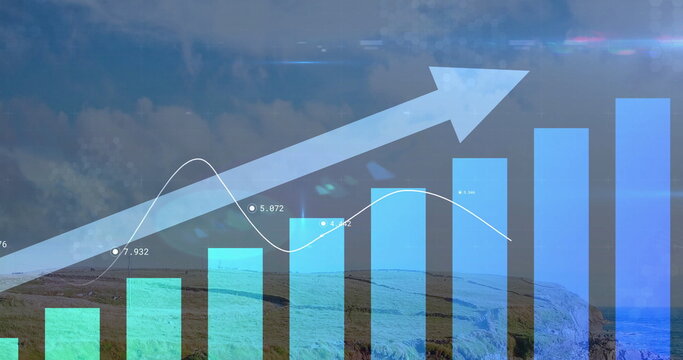 Displaying translucent chart bars rising on grassy hillside, with white line graph and upward arrow - Powered by Adobe