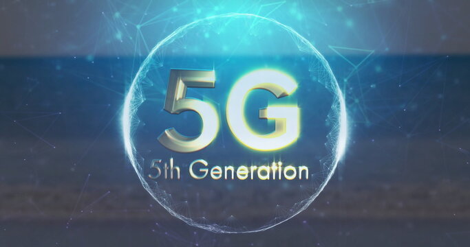 Floating glowing 5G text and 5th Generation label within digital network sphere, with node links