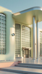 Angular Geometric Design Meets Vintage Facade: Urban Street View of Art Deco Renovated City Building with Pastel Palette, Glass Windows, and Architectural Symmetry in Vibrant Modern Architecture