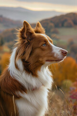 Fototapeta premium Border collie dog with blue eyes looking right on a mountain landscape in autumn. Animal portrait for pet concept.