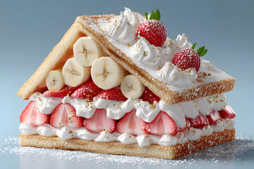 Obraz premium Fancy Strawberry Banana Sandwich Cake in House Shape with Whipped Cream and Gold Flakes. Creative Dessert Food Art. A fun and luxurious food art concept 