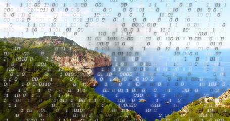 Showing panoramic coastline plunging into deep blue sea at pine clad cliffside, with binary overlay