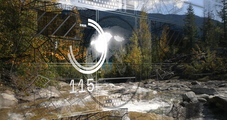 Floating transparent digital interface overlay at mountain stream, rocky banks, with autumn foliage