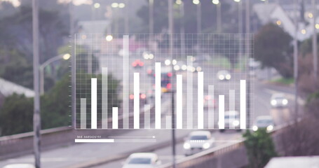Displaying translucent bar chart overlay from elevated highway with cars, barriers and streetlights
