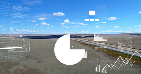 White pie chart icon floating in open farmland, with paved runway, graphs, diagram, code overlays