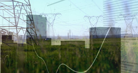 Spanning transmission towers and overhead lines across rural meadow, with translucent data overlays