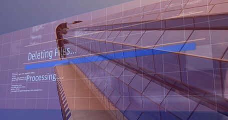 Glass tower rising in city, with grid overlay, Deleting Files progress bar and processing status