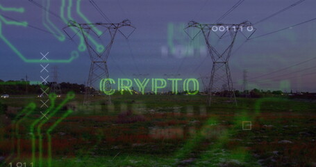 Overlaying crypto graphics flowing across rural grassy plain, with steel towers and power lines