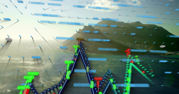 Fototapeta Displaying colorful 3D line chart over sunlit coastal bay, with arrows, nodes and numeric labels