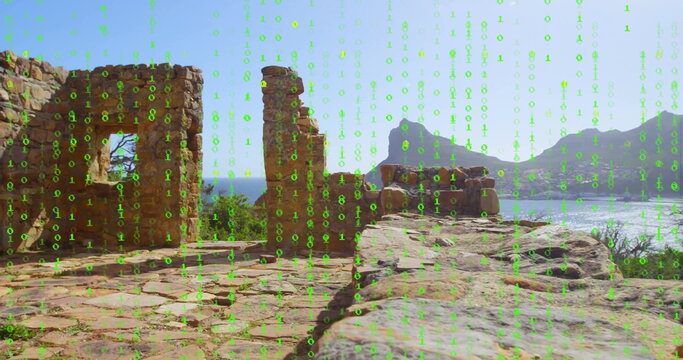 Featuring ruins and pillars on rocky floor at coastal bluff, with binary code overlay