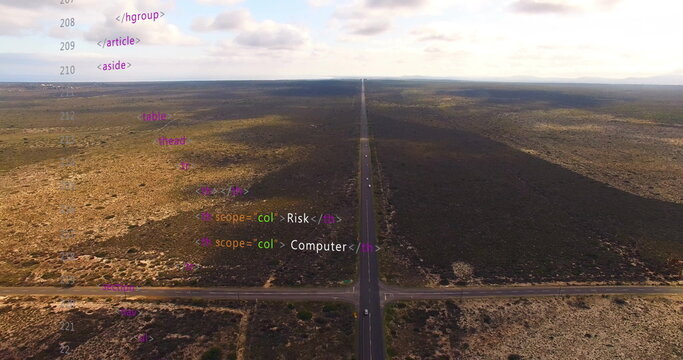 Stretching two-lane road cutting through plain in drone view, with shrubs and HTML or XML code overl - Powered by Adobe