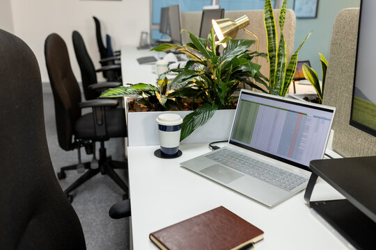 Silver laptop displaying spreadsheet is sitting on desk at office with coffee cup, lamp and plants