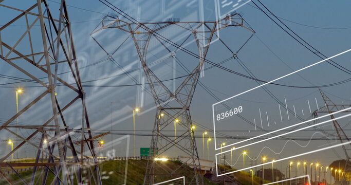Showing central steel lattice tower sending power over multi-lane highway, with digital overlay