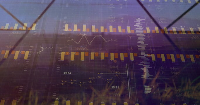 Overlaying financial charts on greenhouse structure, with yellow orange bars, line graphs and axes